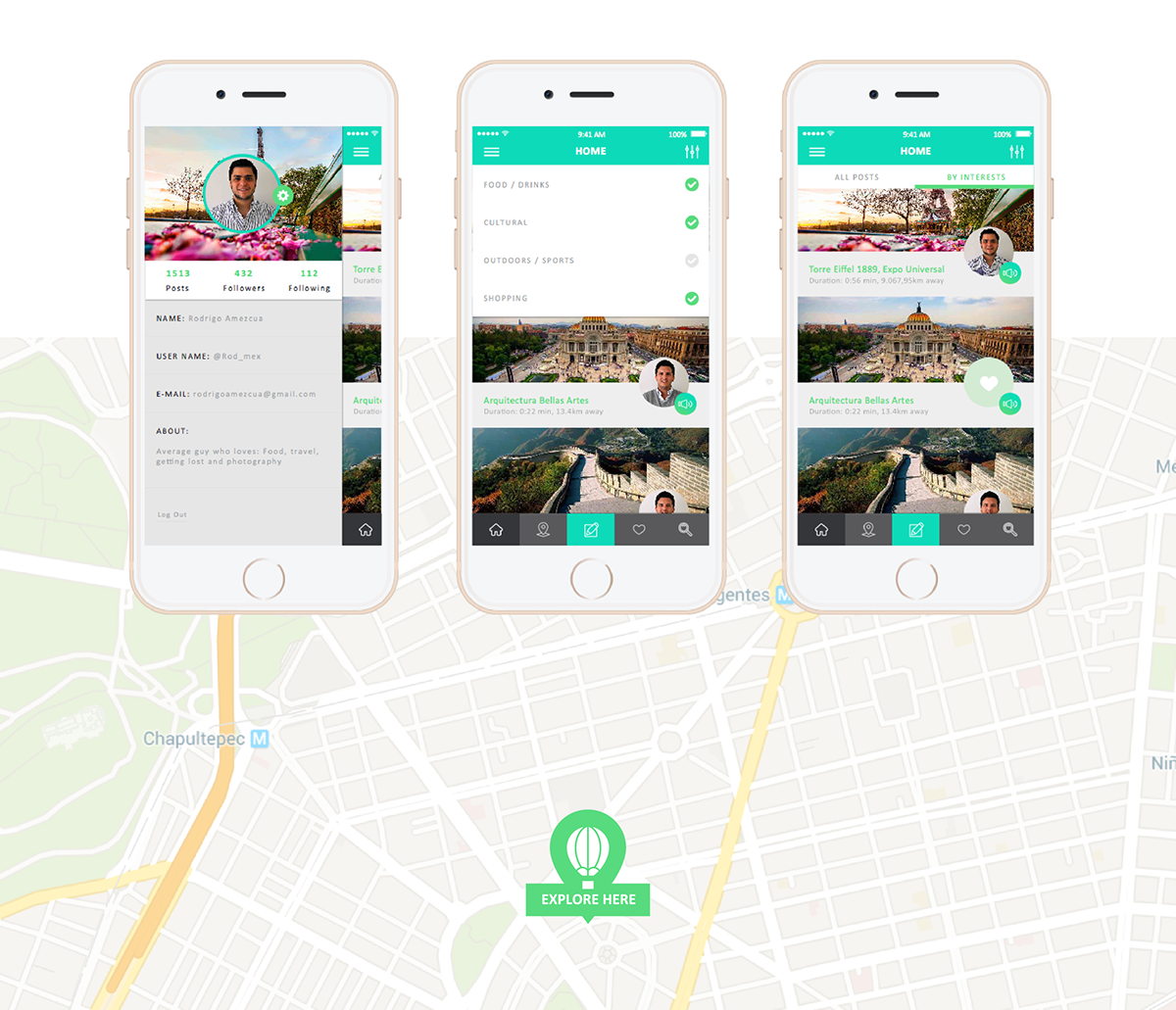 app ux UI Interface mexico df gradient tarvel art explore colorful green pin ios iphone