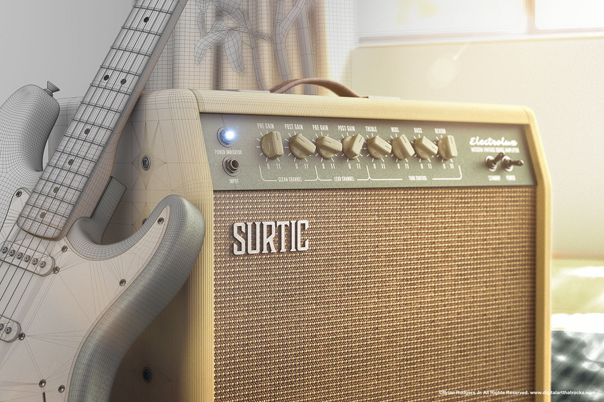 CGI guitar amplifier in a vintage modern room by commercial photographer Brian Rodgers Jr. 
