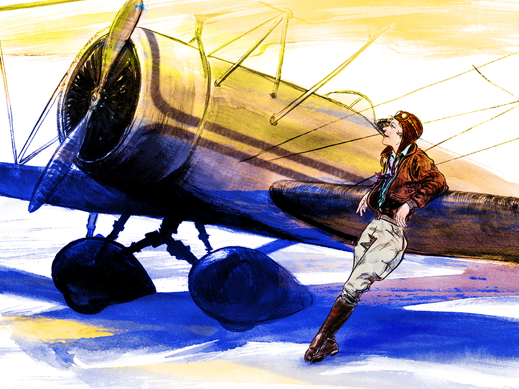 Amelia Earhart / 12" x 9" / Ink and digital.