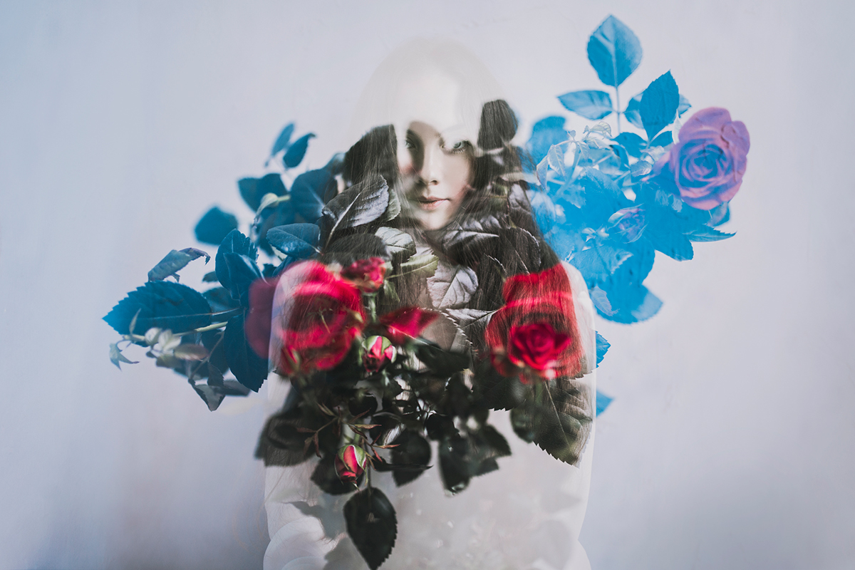 Love rose girl portrait multyexposition canon5dmarklll room red blue sad Flowers portraitair digital #Ps25Under25