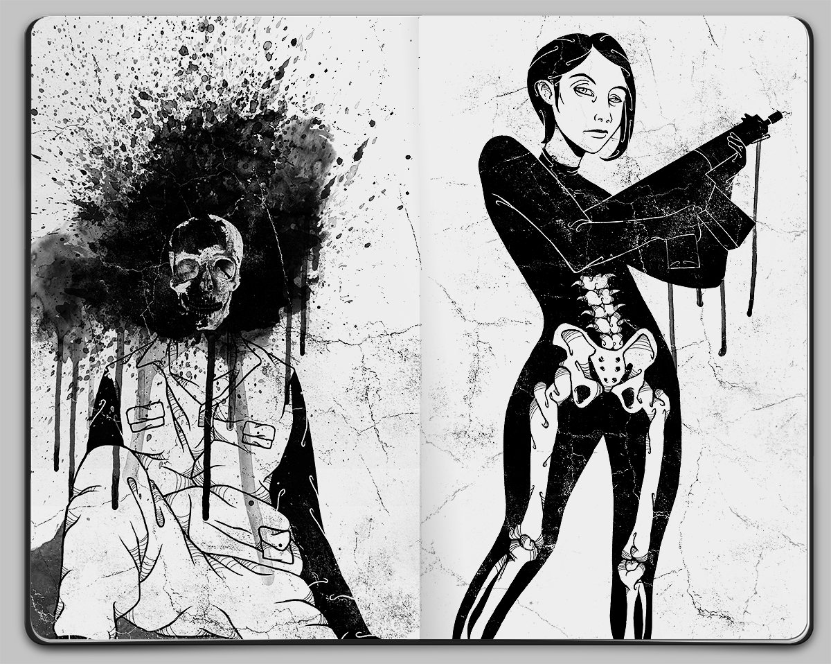 sketch lineart grunge dark freehand drawing gouache Gollum wolverine joker skull skeleton ink pen sketchbook texture