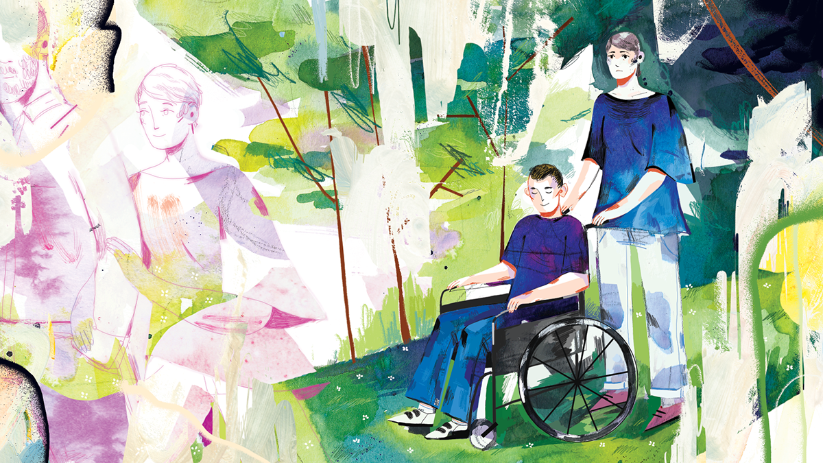 disabled son family responsibility Editorial Illustration Digital Collage texture
