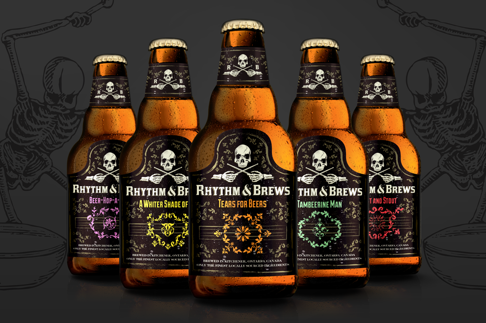 rhythm blues brews beer brewery brewing lager stout ale alcohol bottle box mock up Label logo
