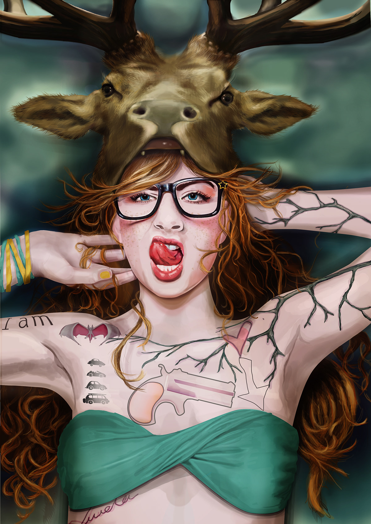 tattoo girl deer panting Gun heart