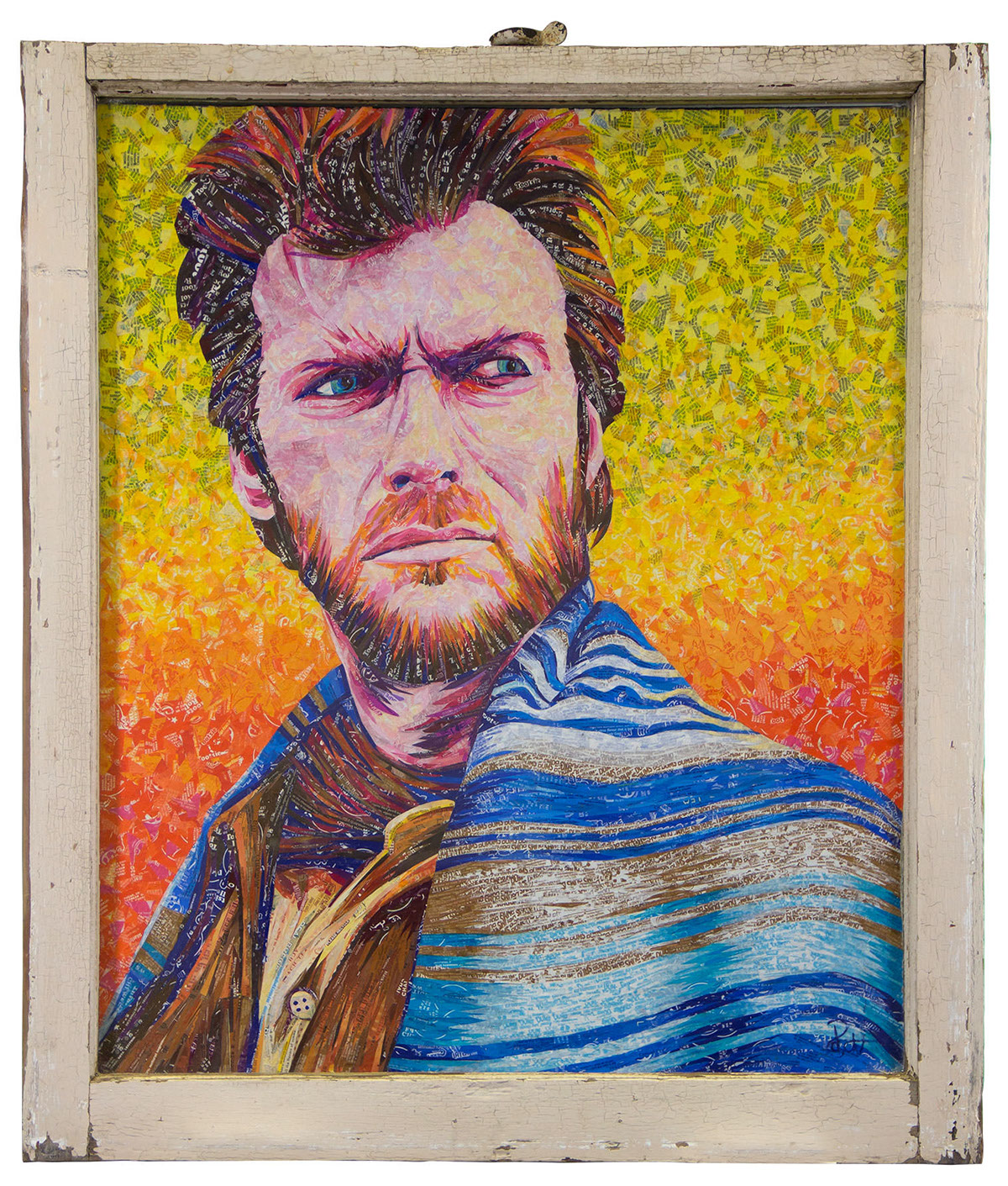 ClintEastwood mosaic collage candy wrappers Drink Labels recycled art art fine art Resue upcycle eco art westerns Movies Icon eastwood