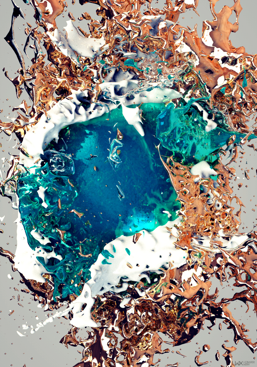 gold fluids crystaline abstract artworks explosions paint floating sphere leonardoworx machas