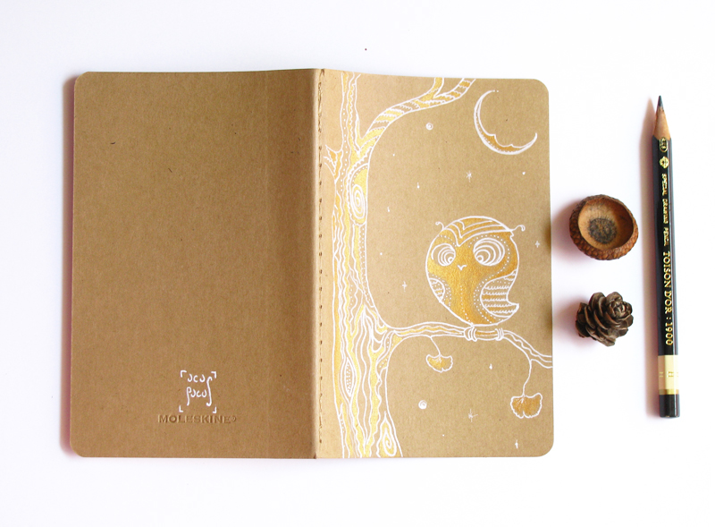 Painted notebook dream journal Hedgehog bear owl umbrellephant gold acrylics white ink kraft cardboard illustrated diary bird book Original Art customized cahiers