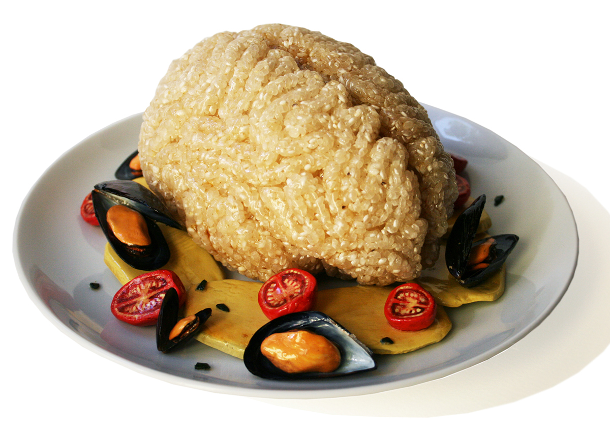 brain  rice cherry tomatoes potatoes mussels dish Food  food art