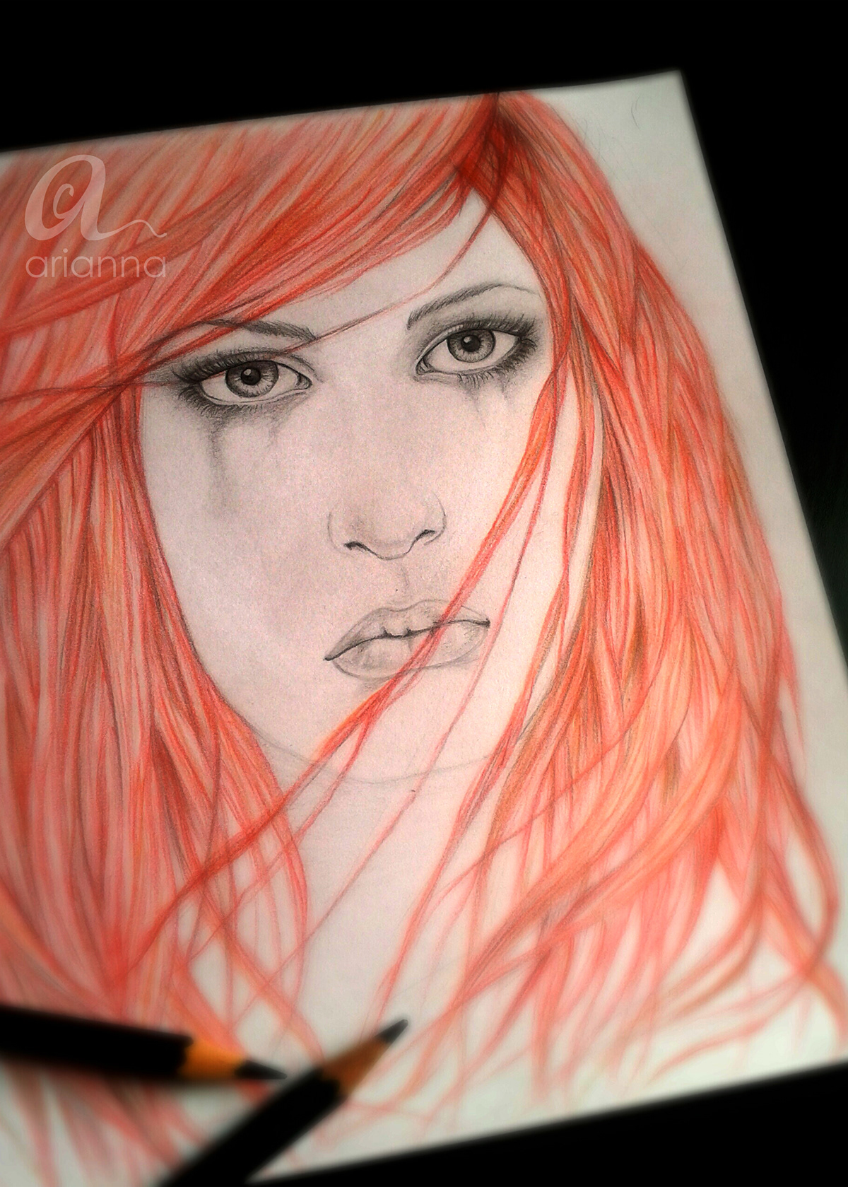 face volto eyes windy vento capelli girl red pencil .illustration draw drawing.