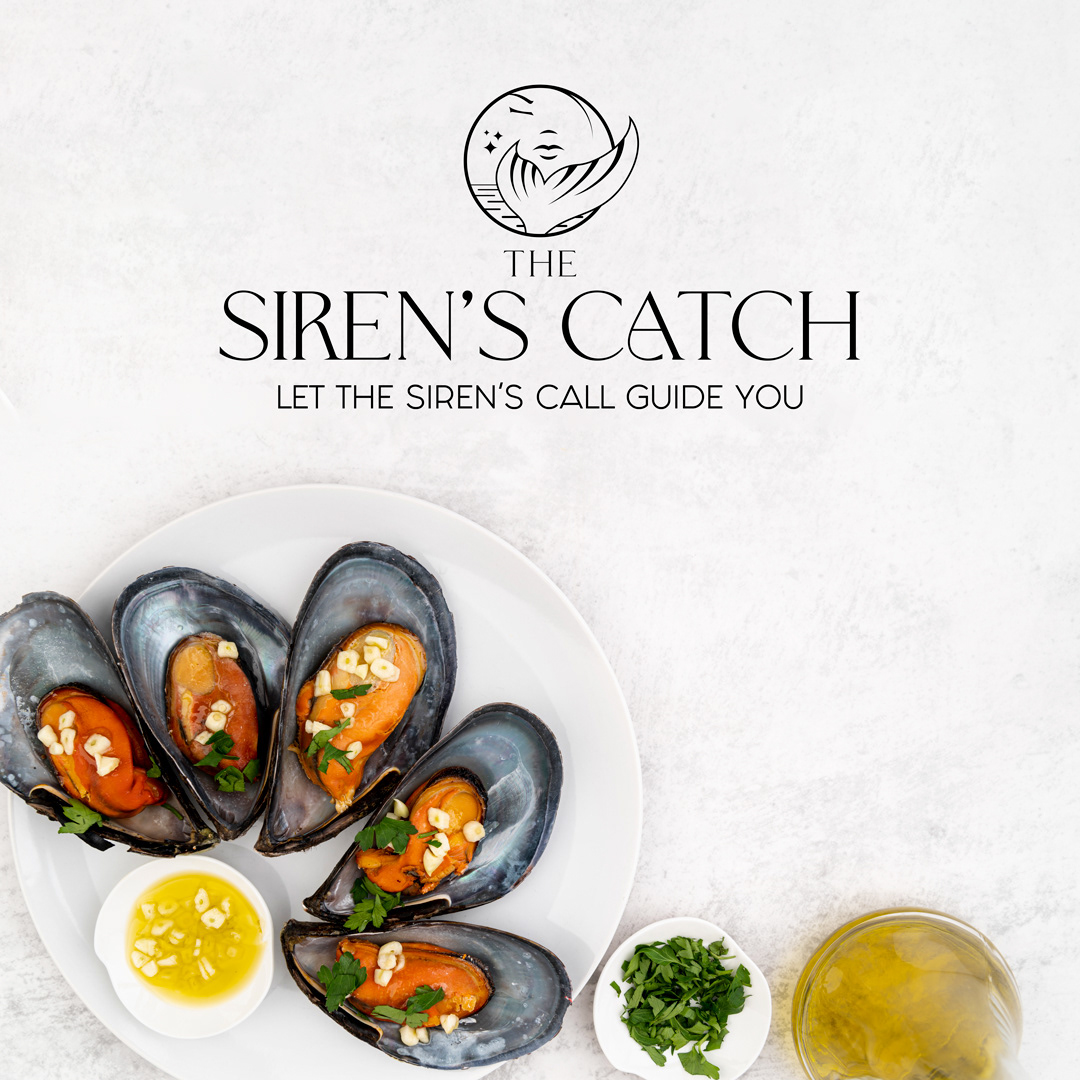 siren seafood restaurant Logo Design menu design Restaurant Branding visual identity elegant modern fish
