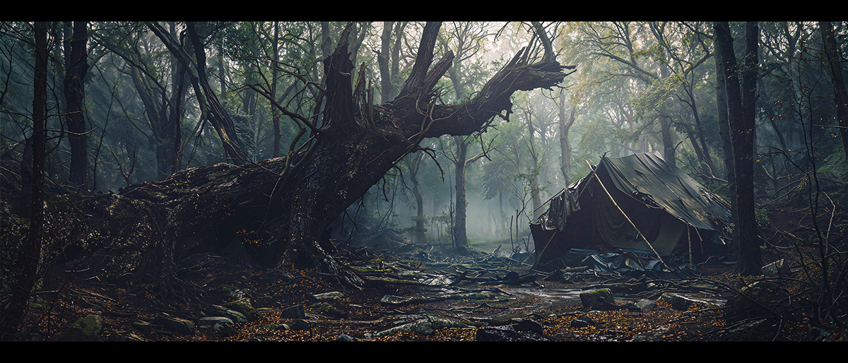 environment concept art Unreal Engine Render tent forest background photomanipulation photoshop poster