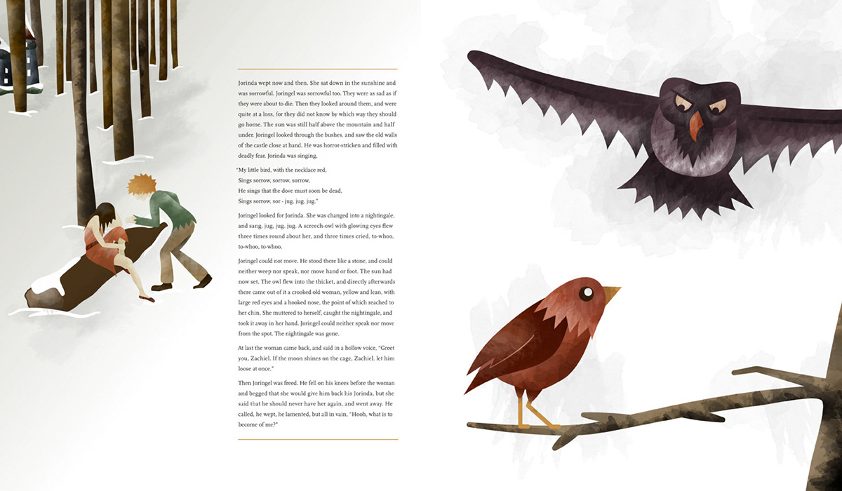grimm brothers book design watercolor vector bird Castle children's book wash story fairy tale Magic  
