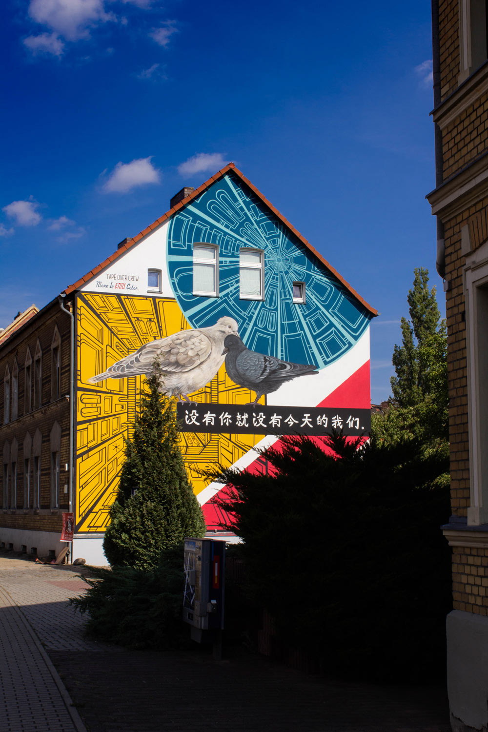 Graffiti painting   Mural streetart Tapeart tape art House front mixed media birds urban art