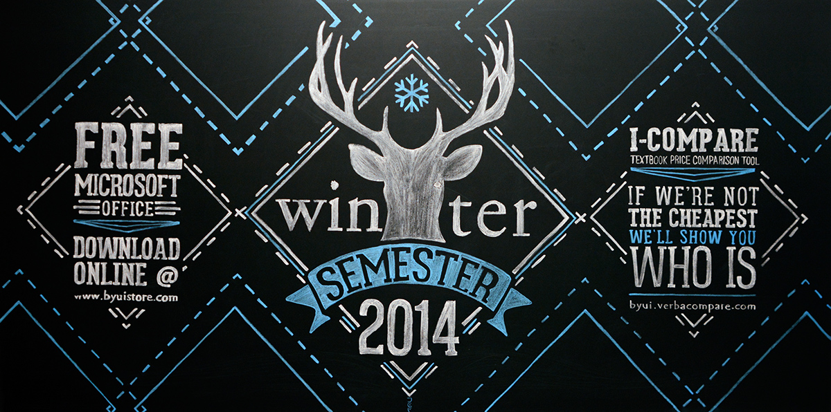 Chalkboard chalk hand drawn winter semester college BYU-I deer stag snowflake University Store Window Display installation temporary