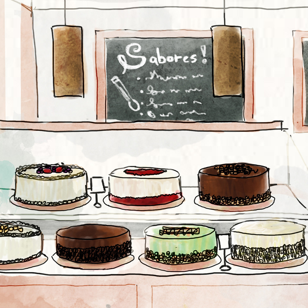 Ilustração cupcake cake bolo doces Loja de Doces cupcake store watercolor digital watercolor