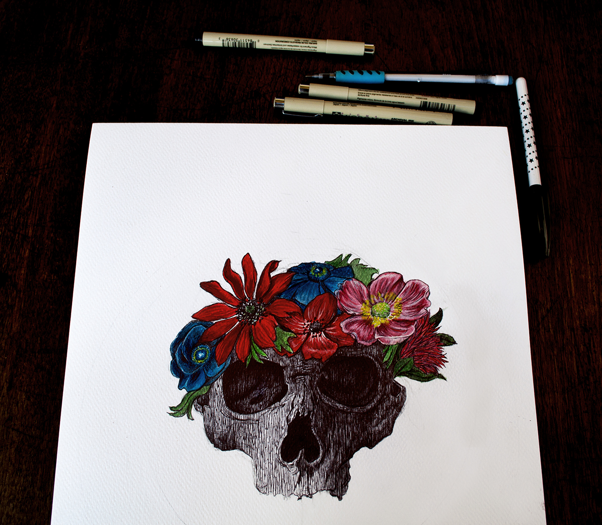 watercolor skull pen Drawing  paint malarstwo czaszka floral Flowers black