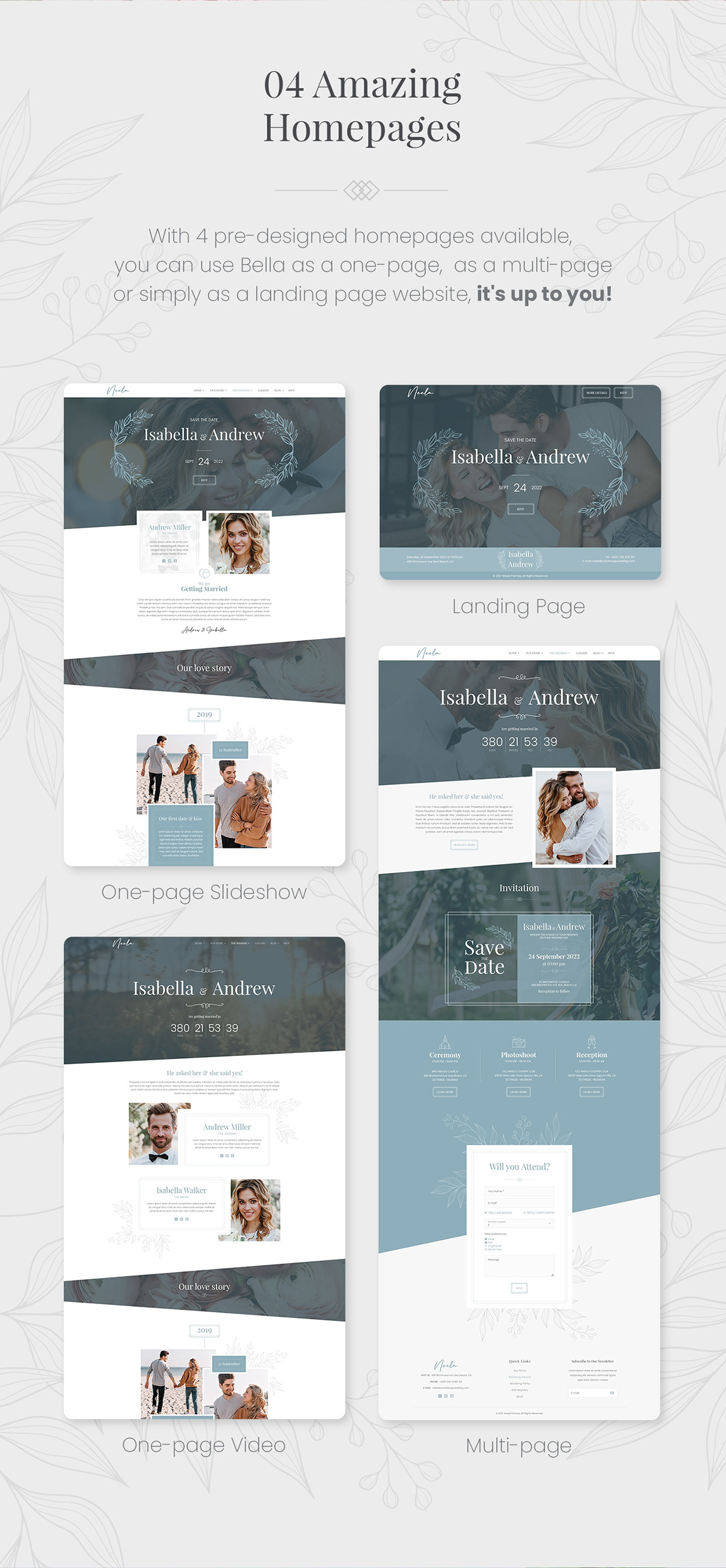 Neela html5 wedding template has 4 different homepages included