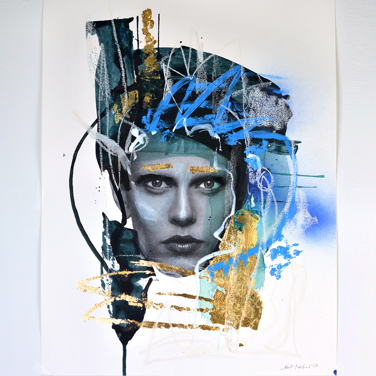 warrior portrait collage painting   contemporary figurative abstract gold fluid
