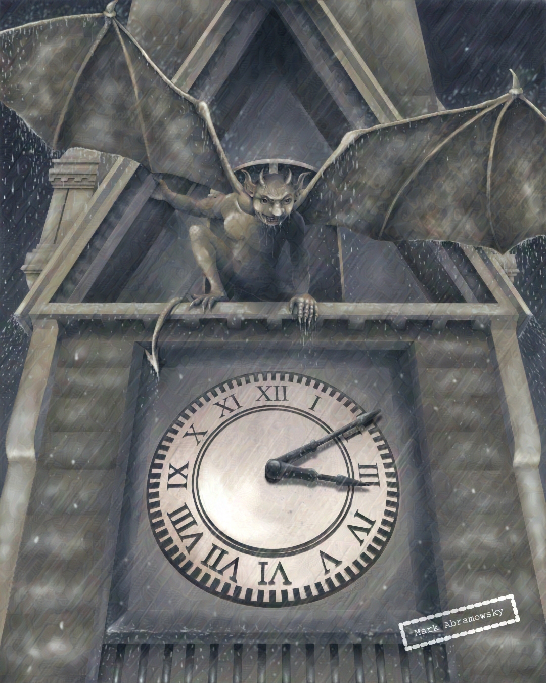 clock clocktower creature Digital Art  gargoyle ILLUSTRATION  monster rain