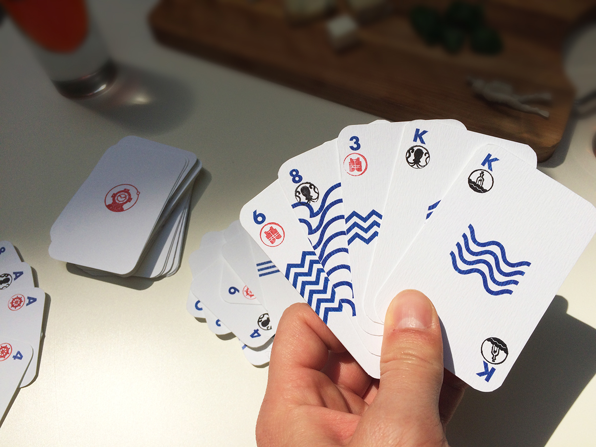 card sea Sailor wave stamp logo play blue water aqua knot Pack design deck dive
