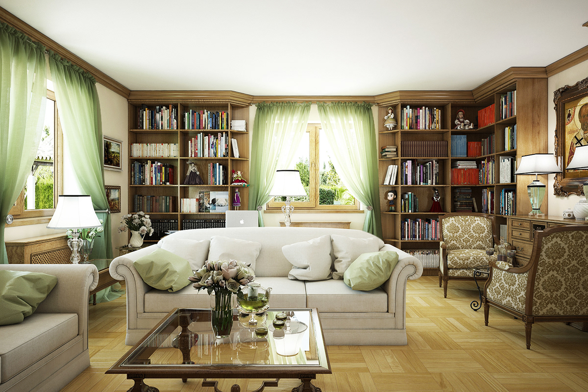 living room wood books Moscow Classic