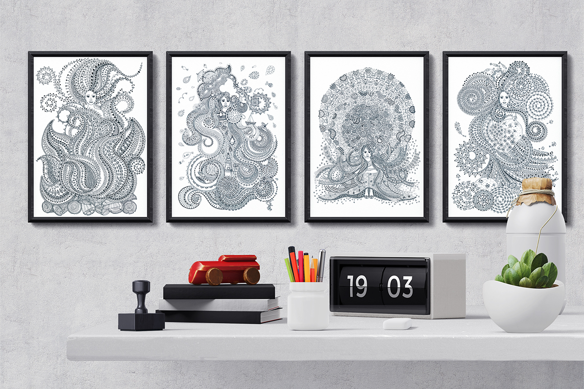 four classical elements Nature fairy detailed ILLUSTRATION  poster blackandwhite magic world dreamy
