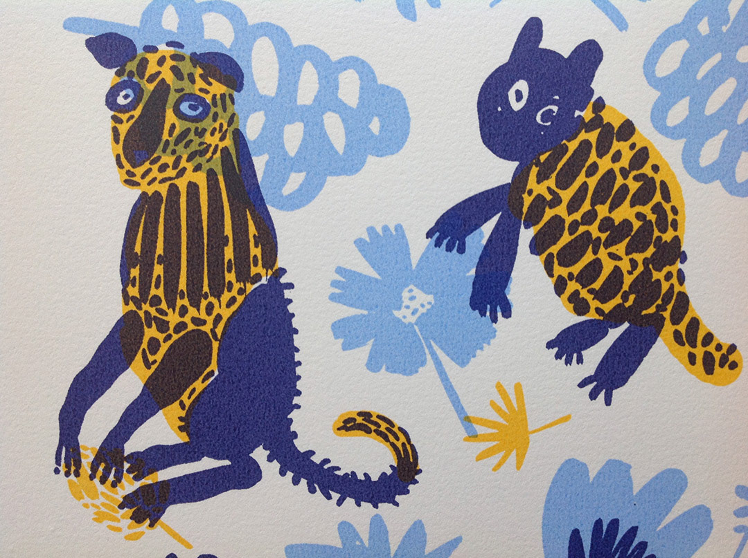 printmaking silkscreen animals blue yellow Nature Flowers jungle natalya balnova