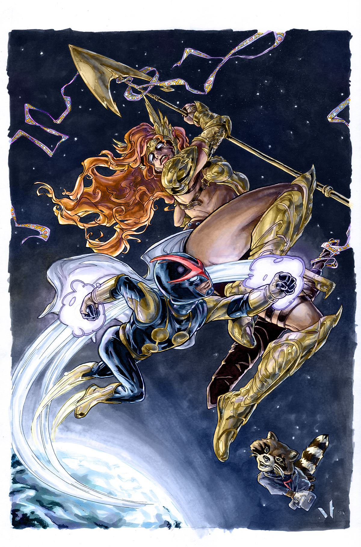 Guardians of the galaxy Nova Angela iron fist k'un lun SuperHero pin ups pin-up comics Fan Art spawn Kubert School gouache watercolor