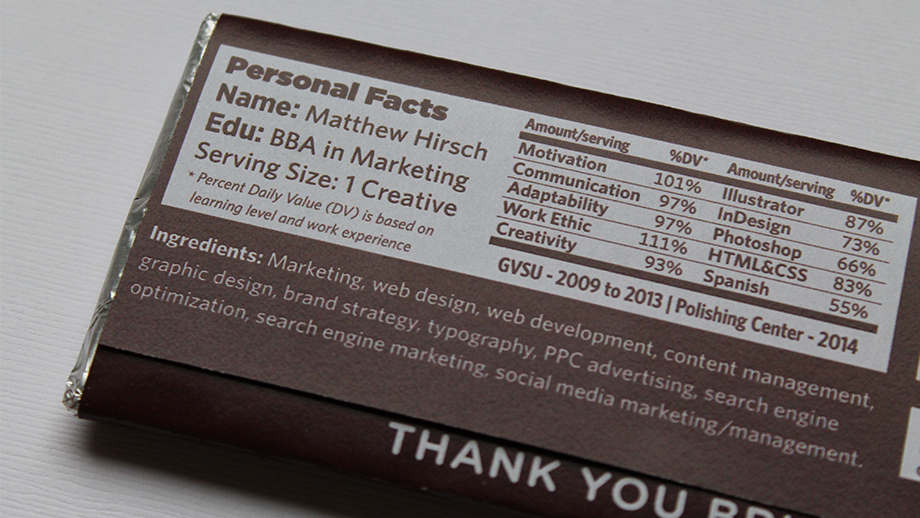 hershey hirschy bar chocolate thank You thank you thankyou Resume creative student matthew hirsch