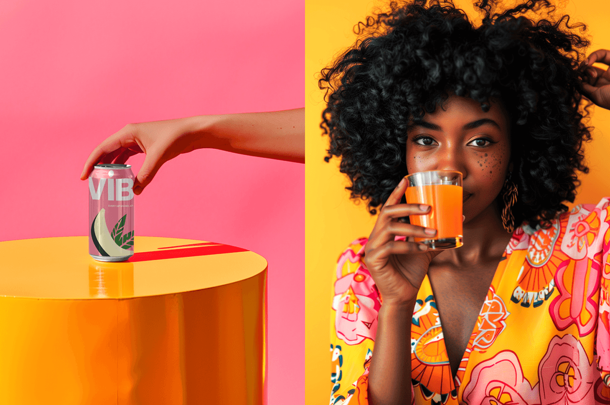 BRAND IDENTITY for soft drinks created AI. Commercial photography and mock up.