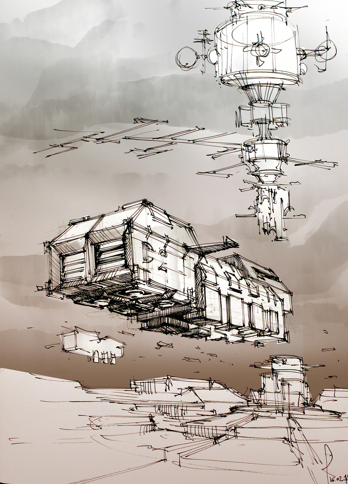 Technology  space ship industrial future city cityscape ink paint sketch fast vision