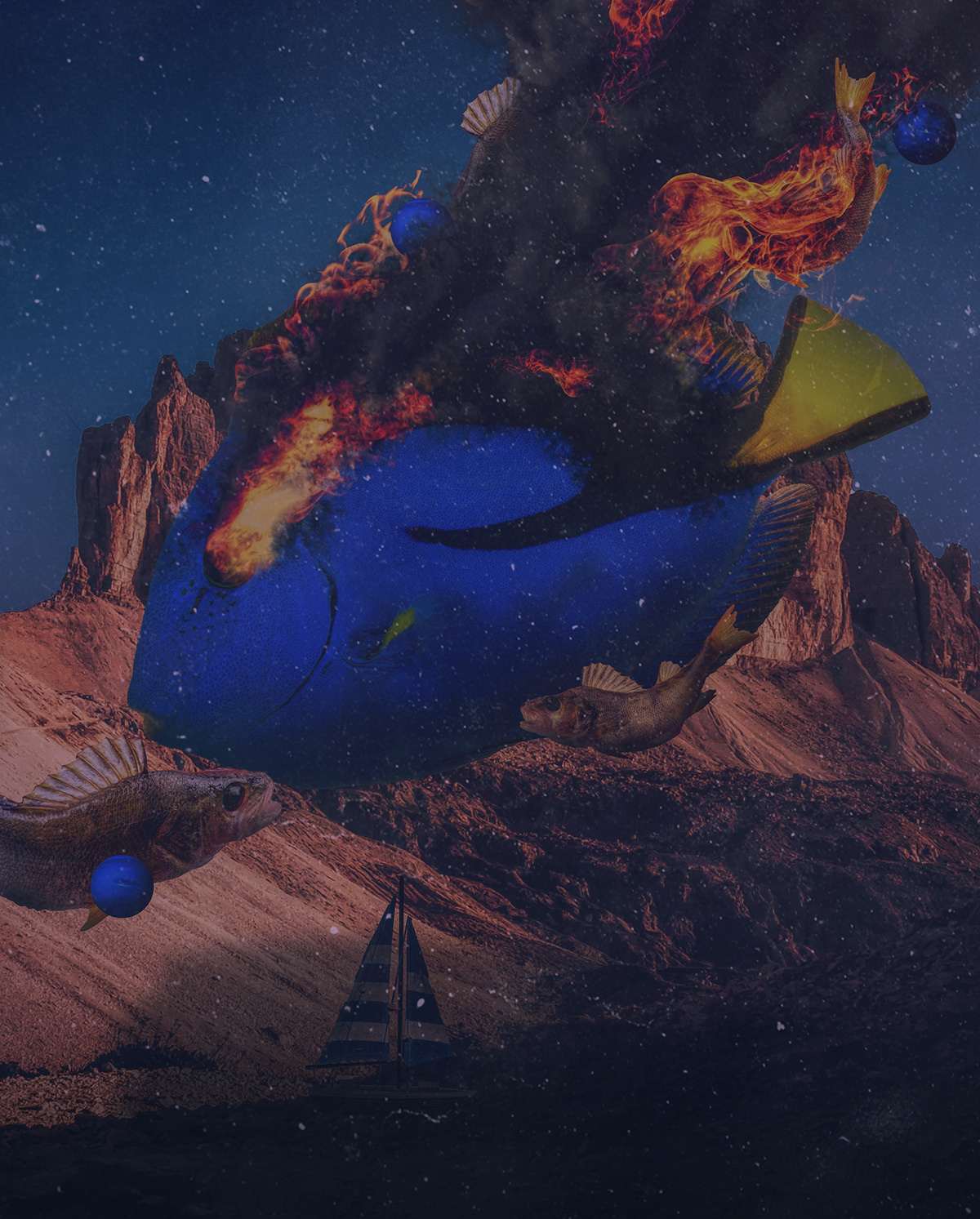 mixedmedia collage visual digital fish fire explosion smoke boat mountain