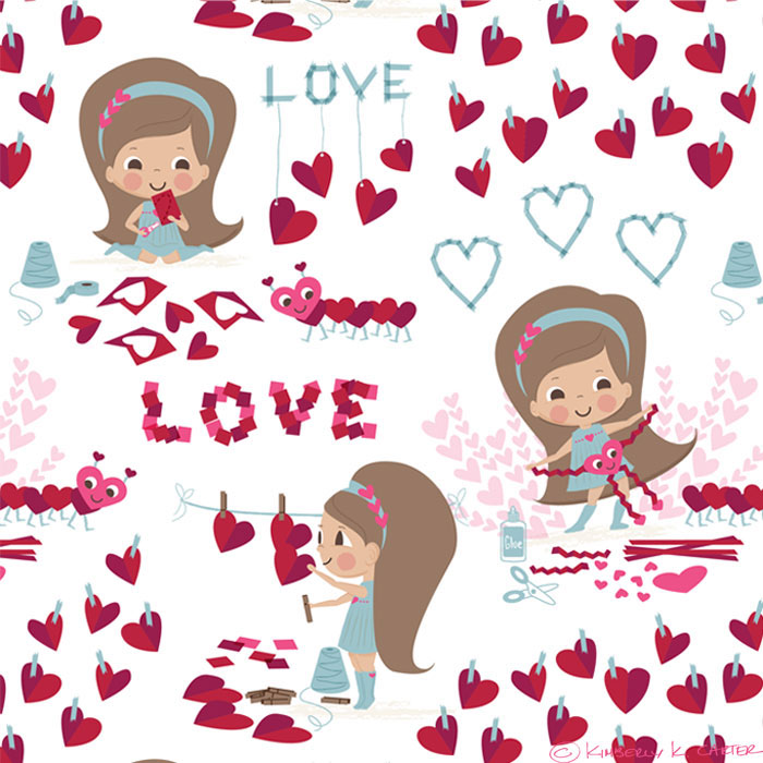 girl Crafter crafting Valentine's Day valentine hearts vector children's art surface pattern design