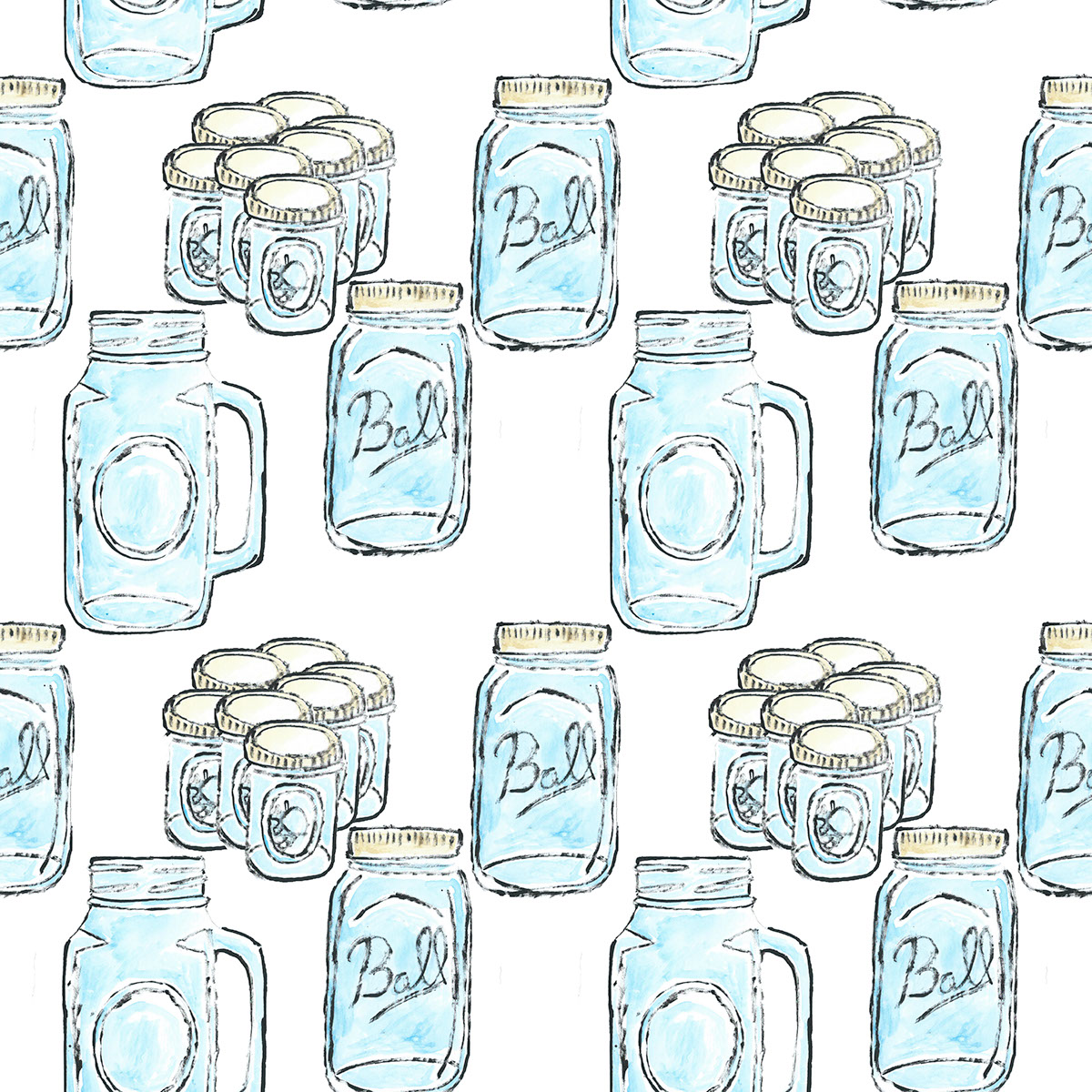 Textiles repeat design mason jars blue glass