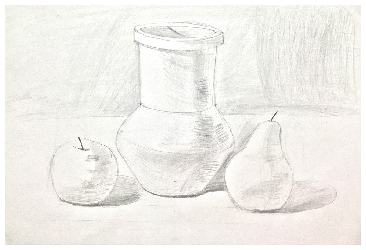 still life Still life apple Pear jar ewer pencil Drawing 