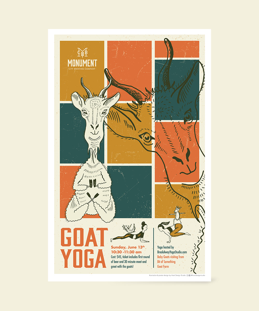Event poster for Goat Yoga featuring retro colors and hand drawn illustrations with graphic design 