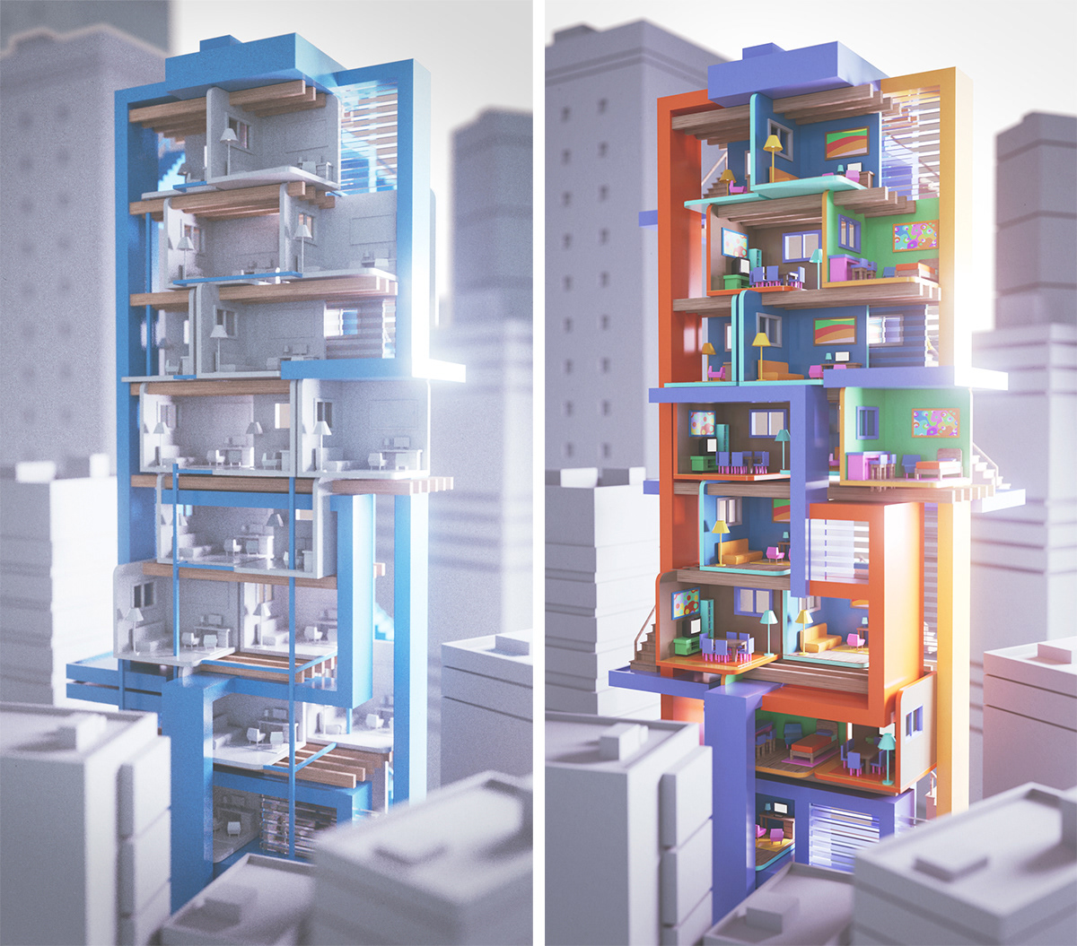 rooms 3D tower skyscraper residential apartments c4d cinema 4d redshift