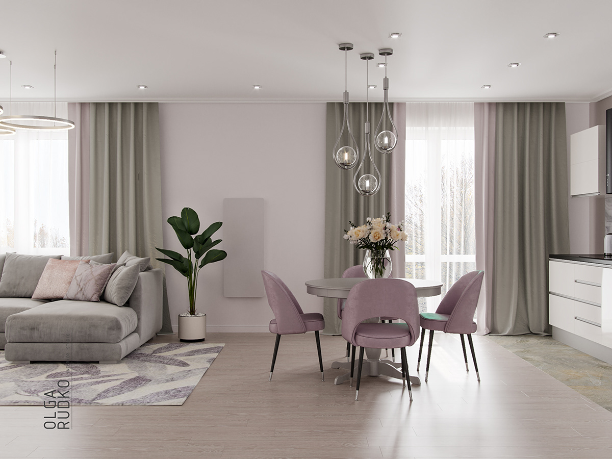 Three-room apartment project in gentle colors.