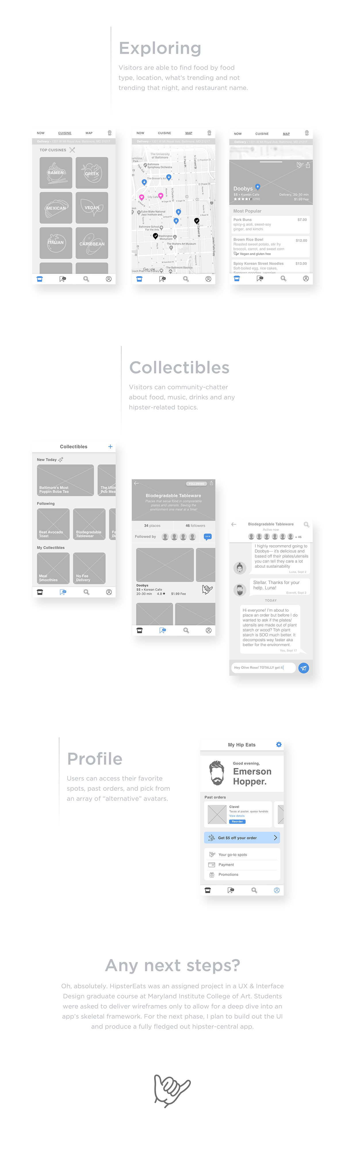 ux wireframes Hipster app ironic satire mobile