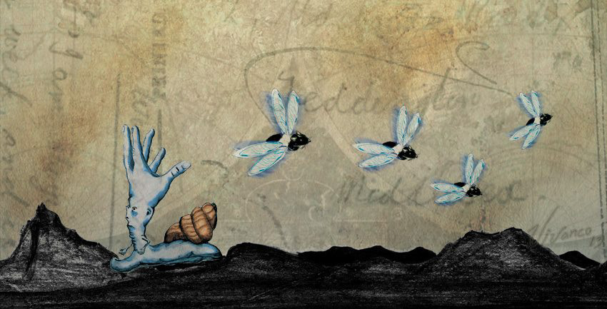 dreams surrealismo snail hands mouse dragonfly mythology stamp onirico