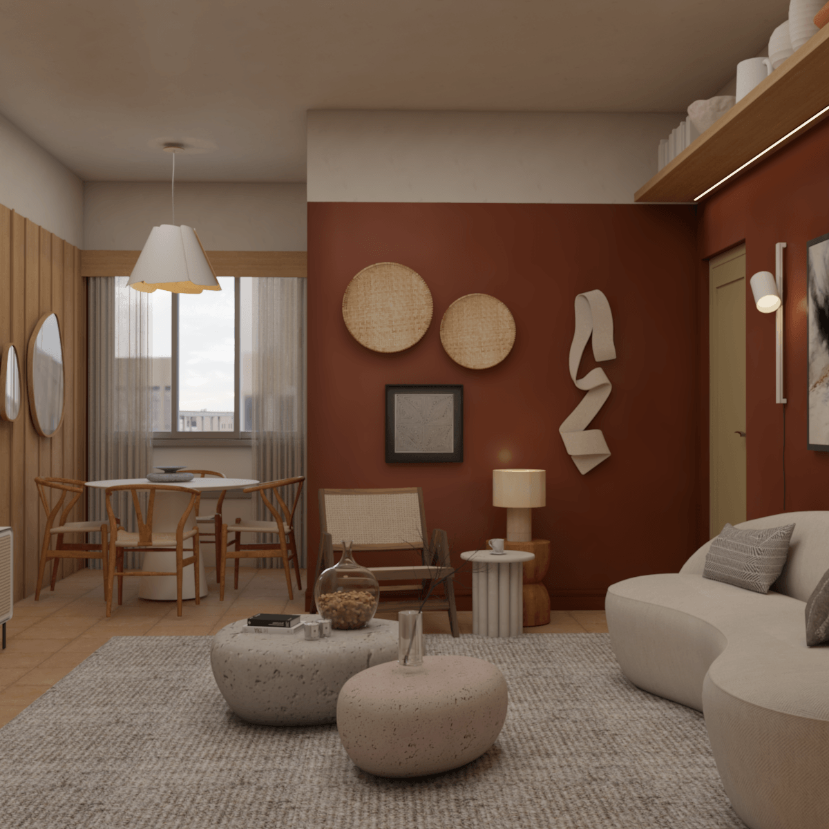 Cores projeto de salas living room interior design  Render archviz 3D vray SketchUP paleta terra 2024