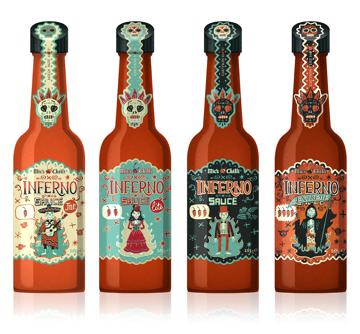 skeletons sauce bride groom folk art labels day of the dead skulls Mexican south american Retro limited palette Chilli award winning