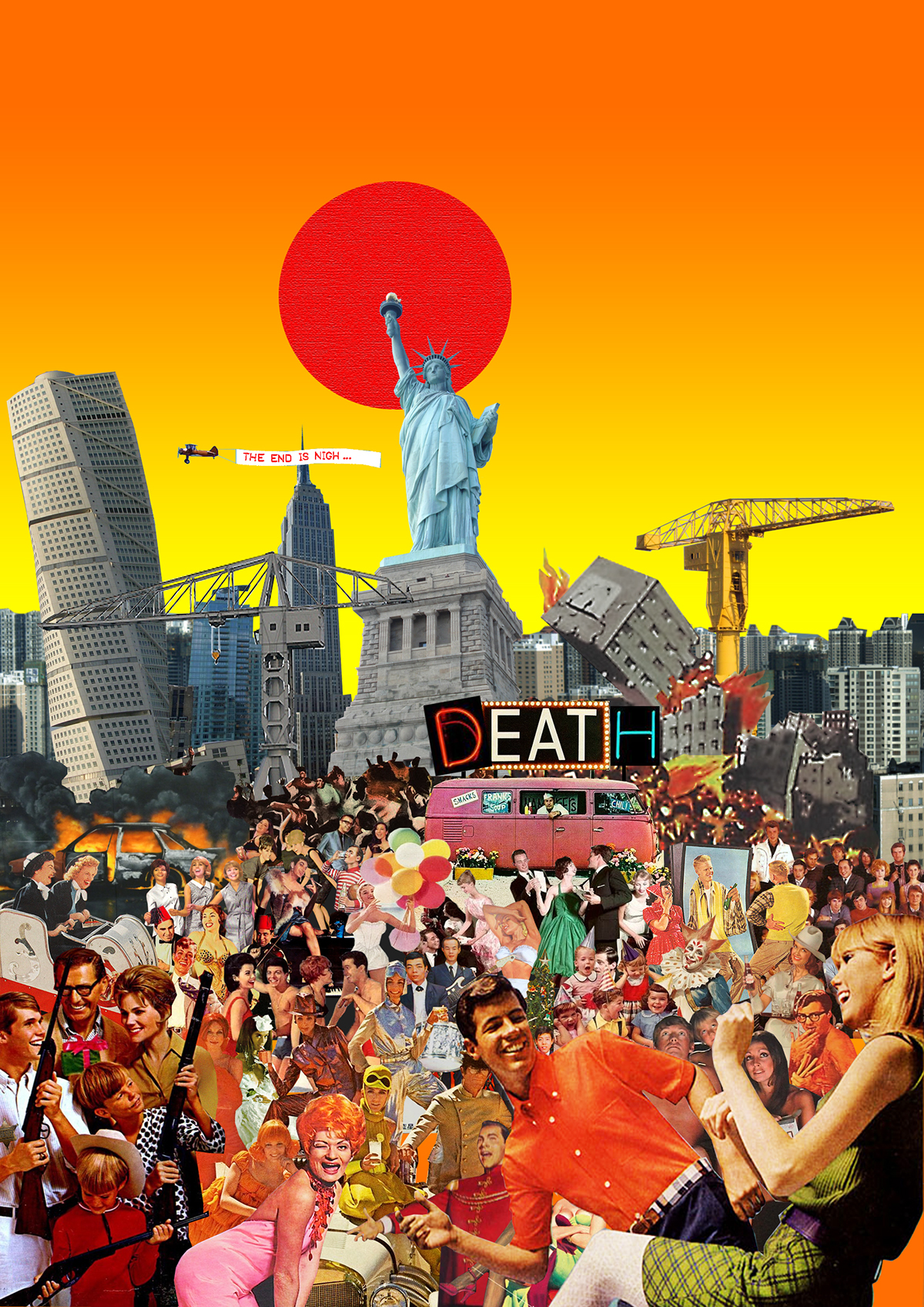apocalypse death party vintage vintage advertising 60s statue of liberty destruction collage Absurd the end world end Colourful  joy