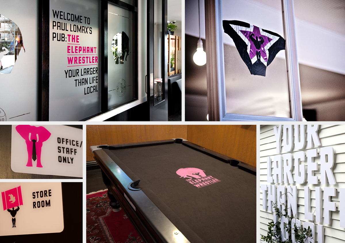 pink logo elephant bar beer pub Signage lights pattern poster environmental Experience New Zealand takapuna Wrestling art brand DesignWorks