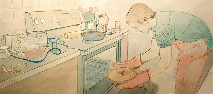 boy cooking pie kitchen Ps25Under25 editorial watercolor linework
