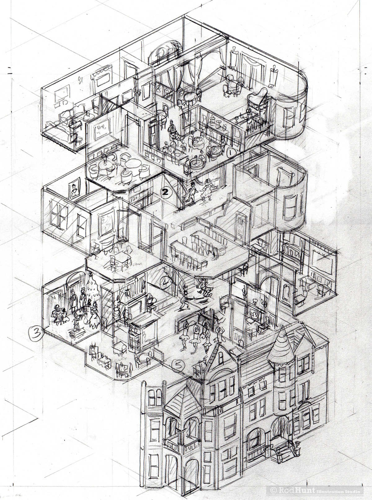ILLUSTRATION  Illustrator cutaway architecture building Plan map maps Interior Isometric