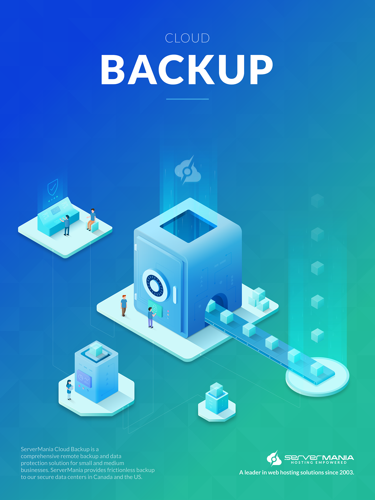 Isometric ILLUSTRATION  server cloud backup poster colocation Dos CPU city