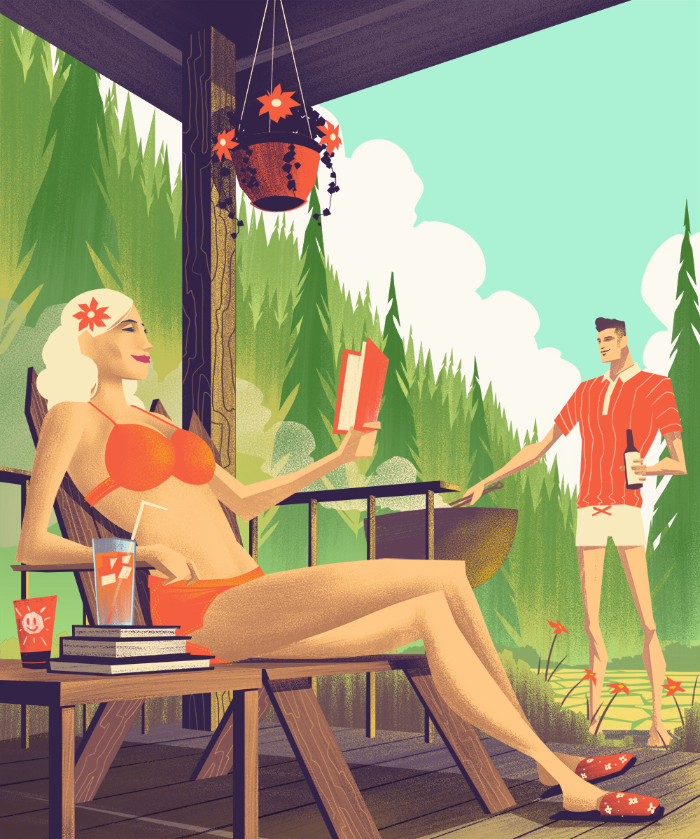 Editorial Illustration GQ Orlin Culture Shop ocs vintage Retro outdoors Reading camping hiking vacation cabin relaxing grilling