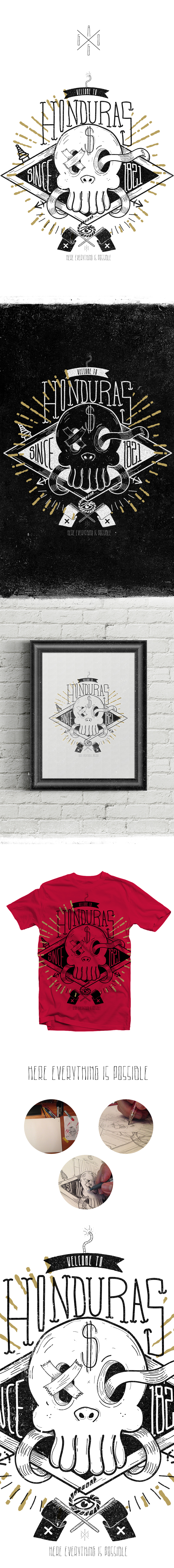 skull logo vintage lettering black White Honduras grunge money eye punk
