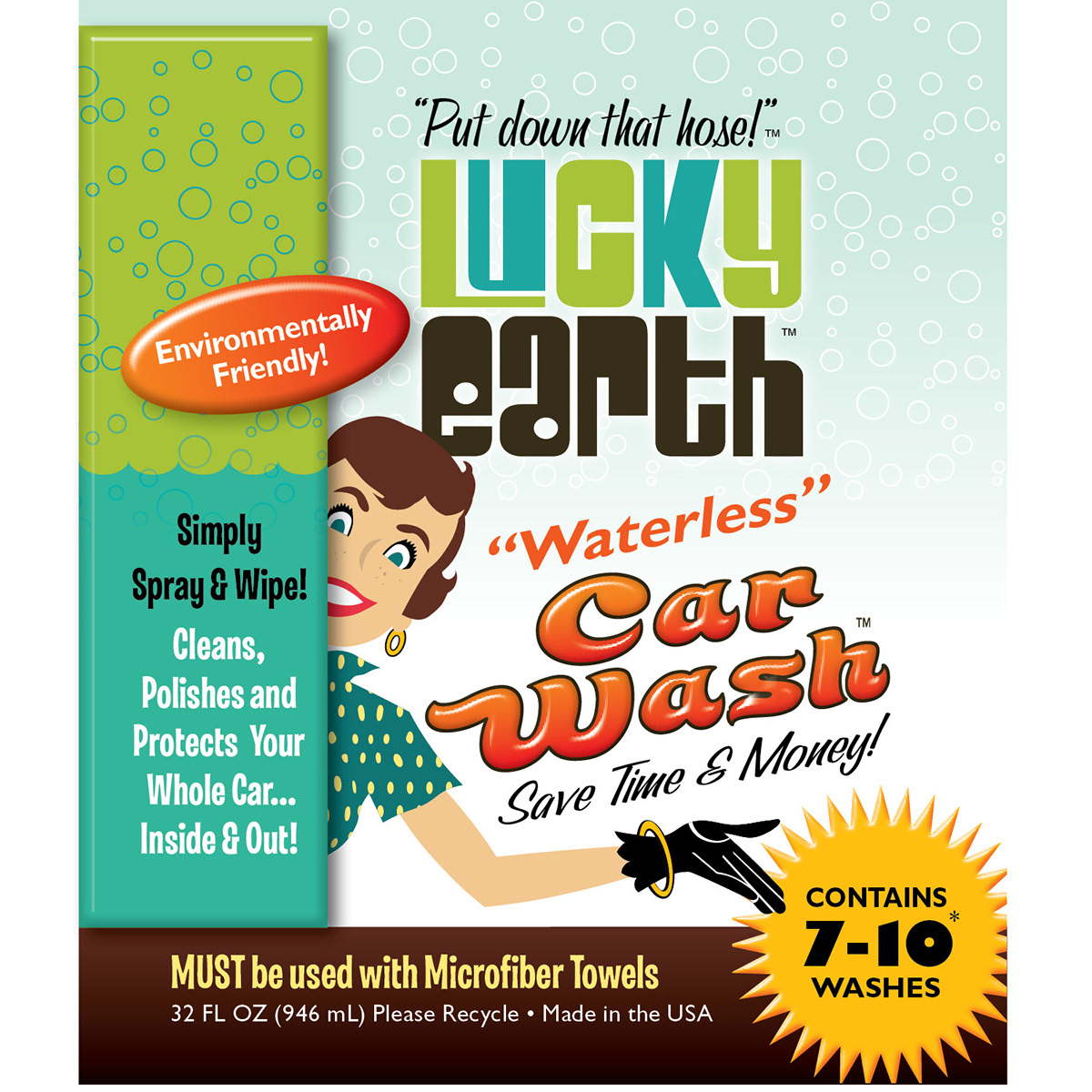 lucky earth waterless car wash environment environmentally friendly eco system clean product Auto automobile water save Conserve Nature natural herbal all Driving Washing cleaning green building brand graphic Retro 50s 60s 70s leave it to beaver tv show vintage space age mid century modern kitch kitchy camp campy kitchen dish woman Character cartoon Original funny kids family happy smiling smile polka dot Lady